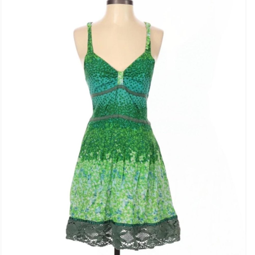 Y2K Free People Green Mini Tie Back Lace Hem Dress